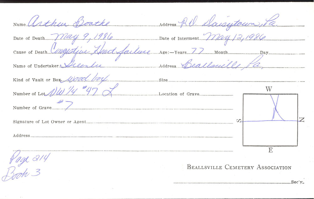 Arthur Boothe burial card